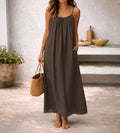 Women's Sleeveless Spaghetti-Strap Flowy Linen Maxi Dress Pockets - Braun