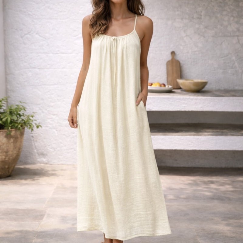 Women's Sleeveless Spaghetti-Strap Flowy Linen Maxi Dress Pockets