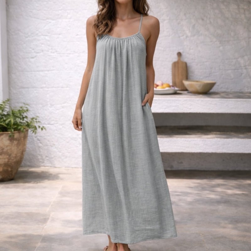 Women's Sleeveless Spaghetti-Strap Flowy Linen Maxi Dress Pockets