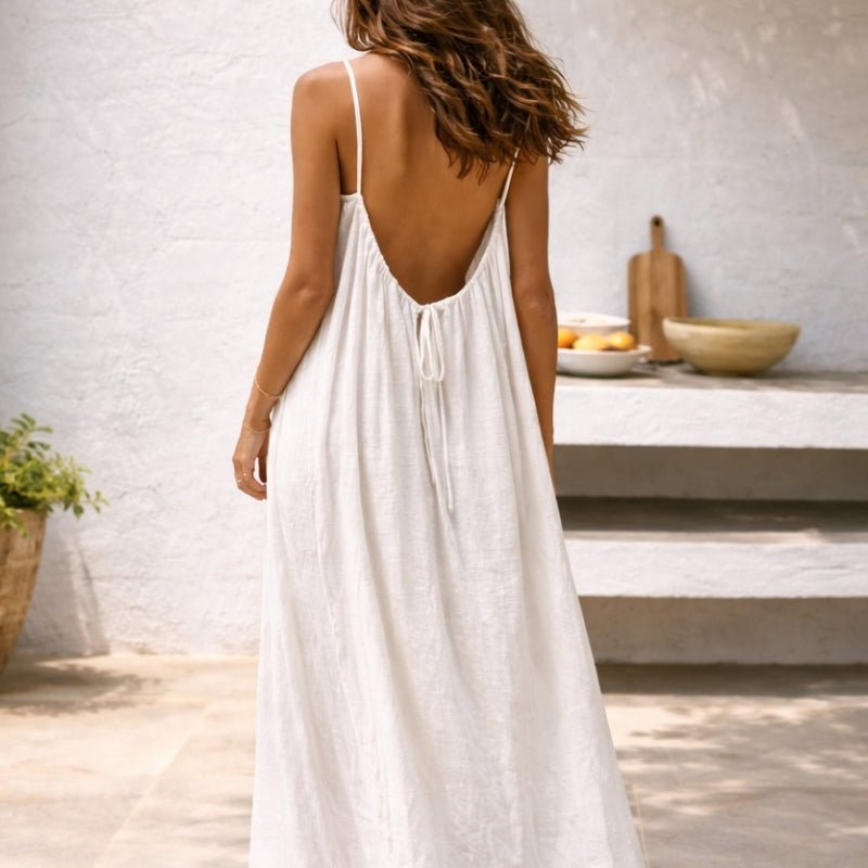 Women's Sleeveless Spaghetti-Strap Flowy Linen Maxi Dress Pockets - Weiß