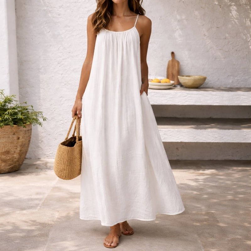 Women's Sleeveless Spaghetti-Strap Flowy Linen Maxi Dress Pockets