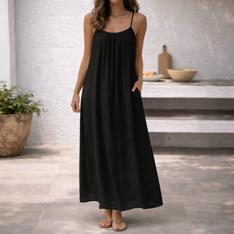 Women's Sleeveless Spaghetti-Strap Flowy Linen Maxi Dress Pockets