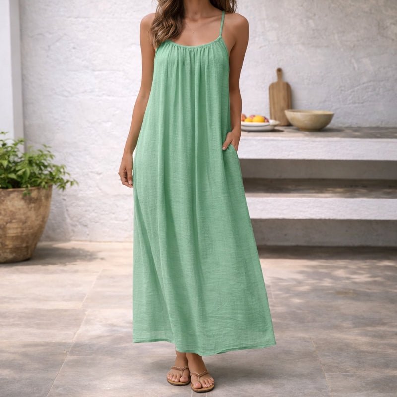 Women's Sleeveless Spaghetti-Strap Flowy Linen Maxi Dress Pockets