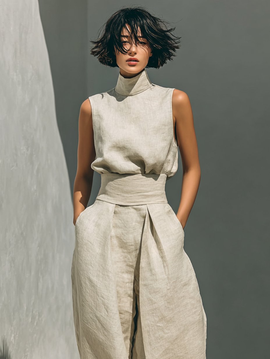 Women's Sleeveless Turtleneck Cotton-Linen Wide-Leg Pants Set