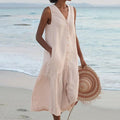 Women's Sleeveless V-Neck Button-Front Relaxed Midi Dress - Khaki