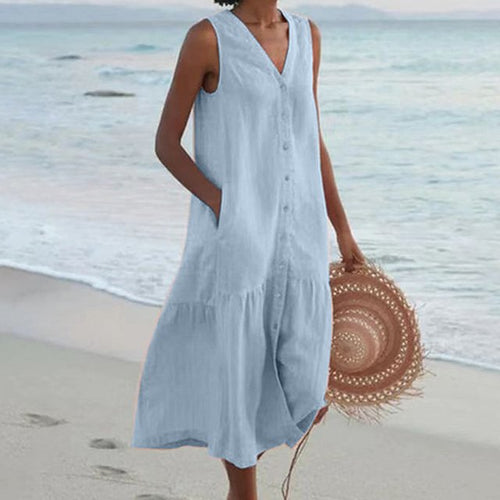 Women's Sleeveless V-Neck Button-Front Relaxed Midi Dress - Blue