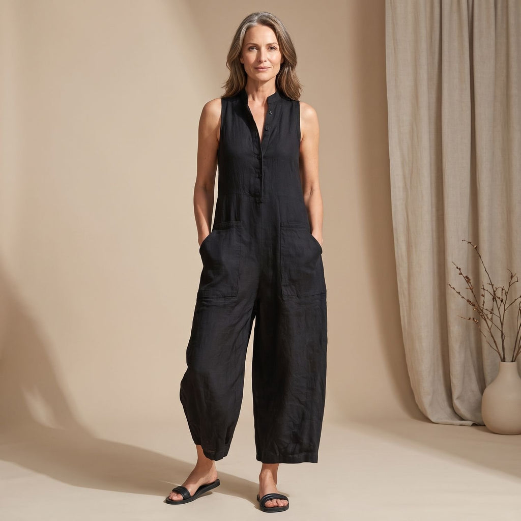 Women's Sleeveless Wide-Leg Button-Front Jumpsuit - Black