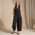 Women's Sleeveless Wide-Leg Button-Front Jumpsuit - Black