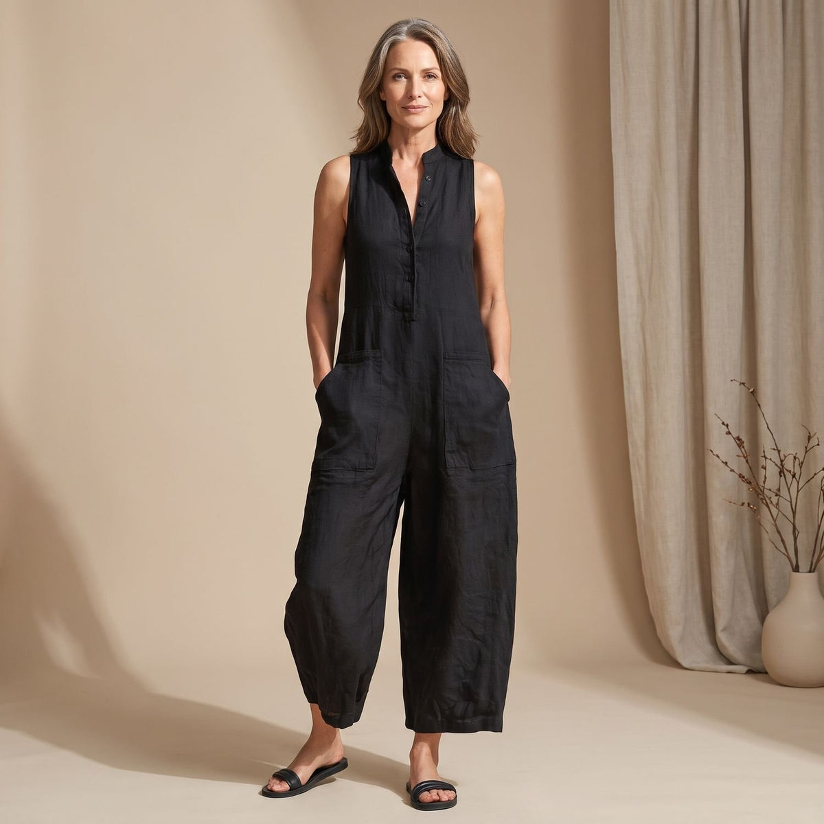 Women's Sleeveless Wide-Leg Button-Front Jumpsuit - Black