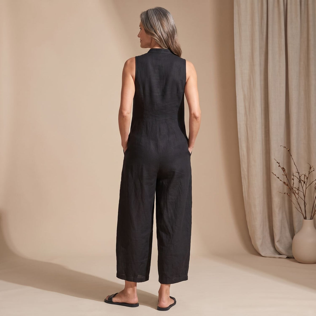 Women's Sleeveless Wide-Leg Button-Front Jumpsuit