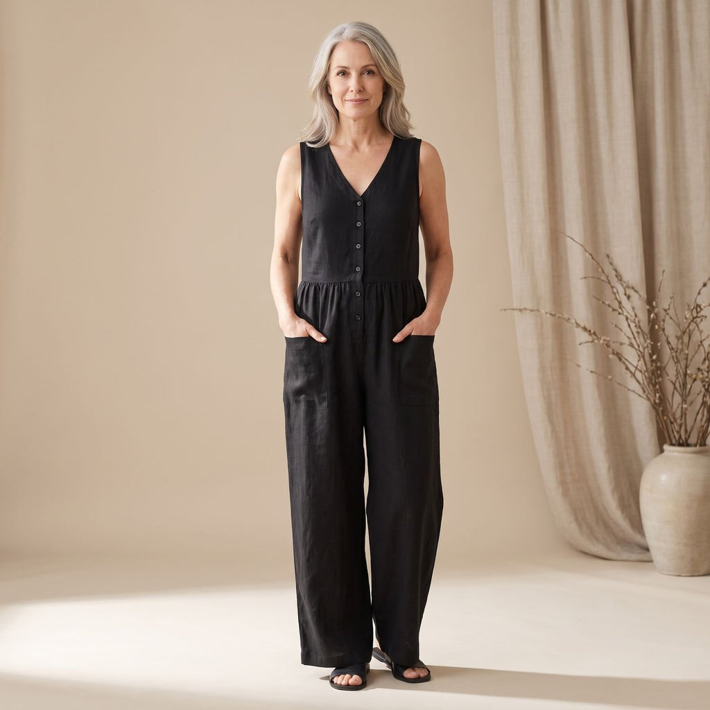 Women's Sleeveless Wide-Leg Button-Front Jumpsuit