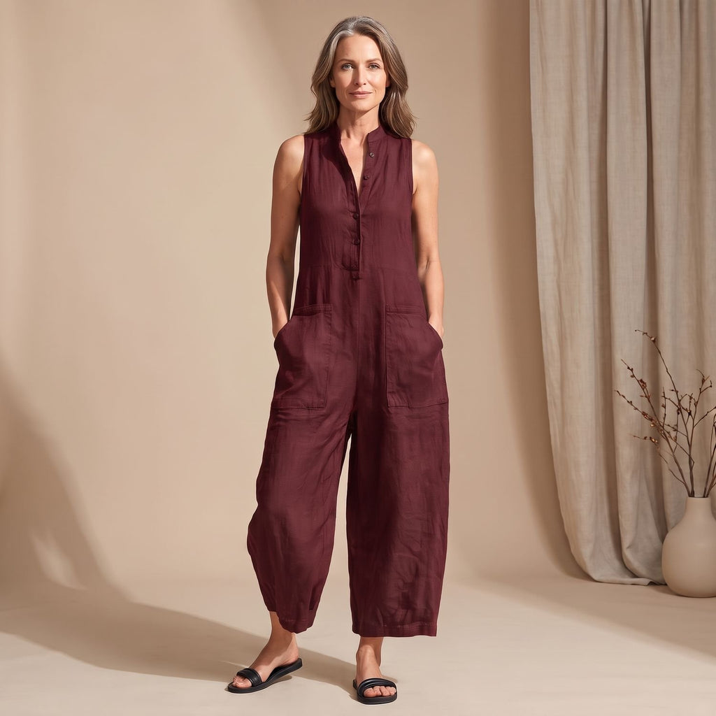 Women's Sleeveless Wide-Leg Button-Front Jumpsuit - Red