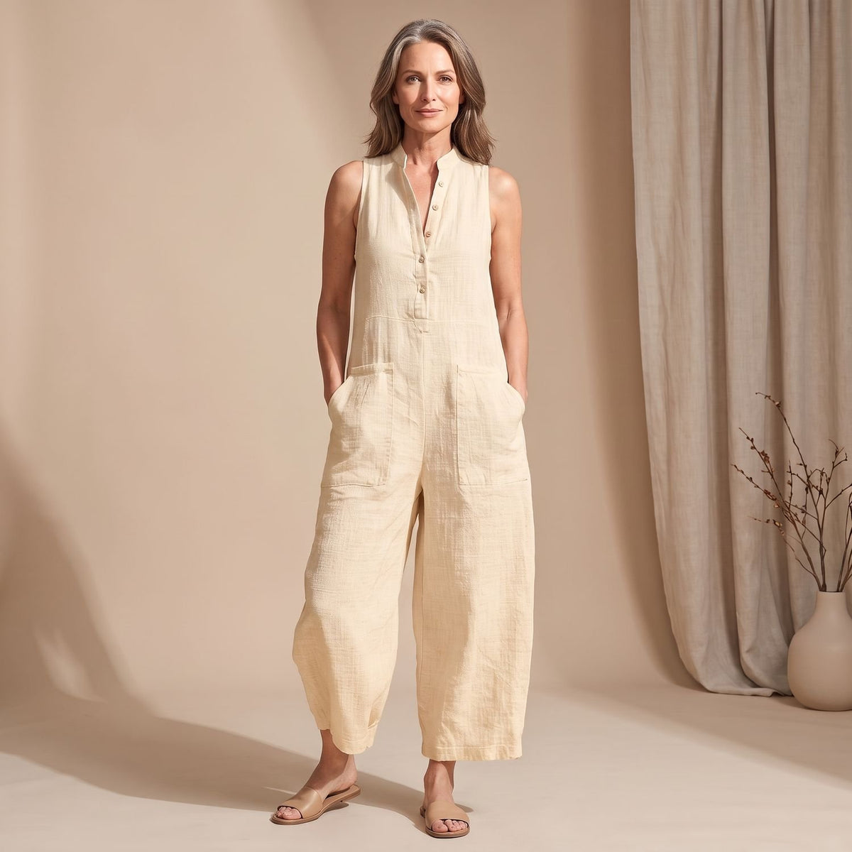 Women's Sleeveless Wide-Leg Button-Front Jumpsuit - Beige
