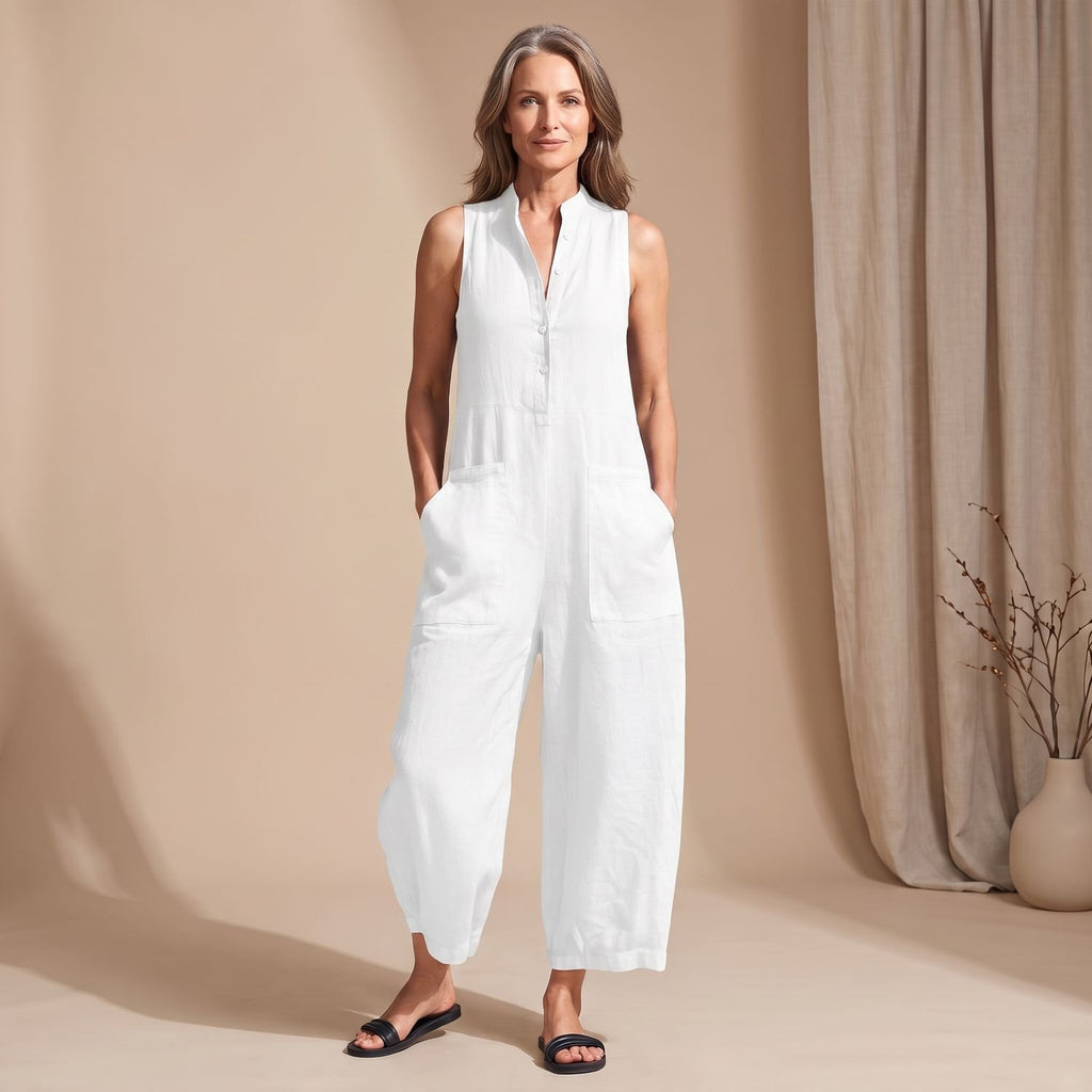 Women's Sleeveless Wide-Leg Button-Front Jumpsuit - White