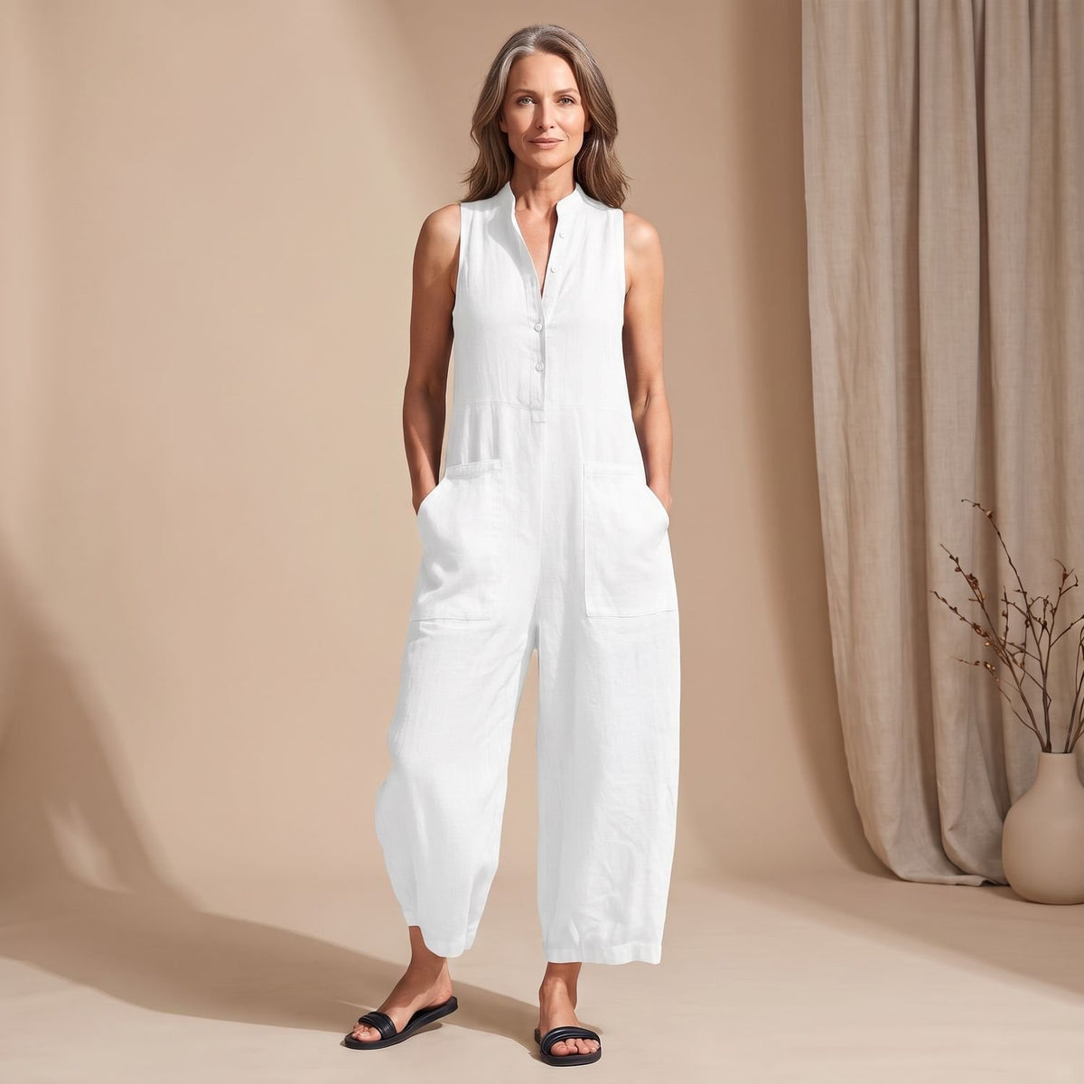 Women's Sleeveless Wide-Leg Button-Front Jumpsuit - White
