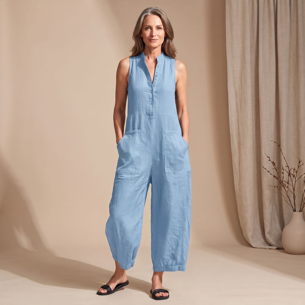 Women's Sleeveless Wide-Leg Button-Front Jumpsuit - Blue