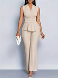 Women's Sleeveless Wrap-Waist Peplum Top Flared Pants Set - Beige