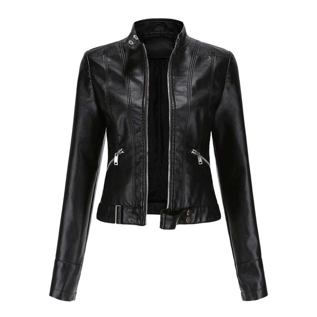 Women's Slim-Fit Faux Leather Jacket Stand Collar Moto Biker - Black