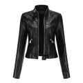 Women's Slim-Fit Faux Leather Jacket Stand Collar Moto Biker - Black