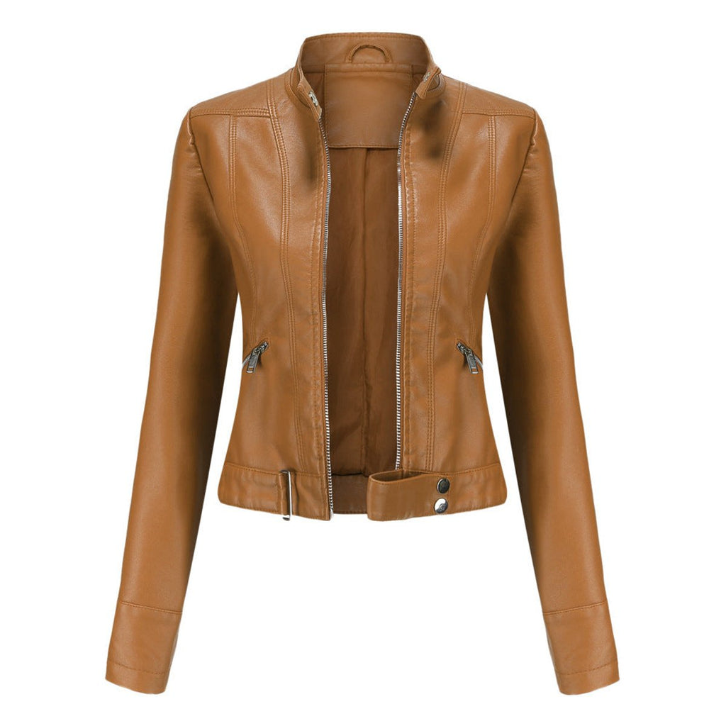 Women's Slim-Fit Faux Leather Jacket Stand Collar Moto Biker - Light Brown