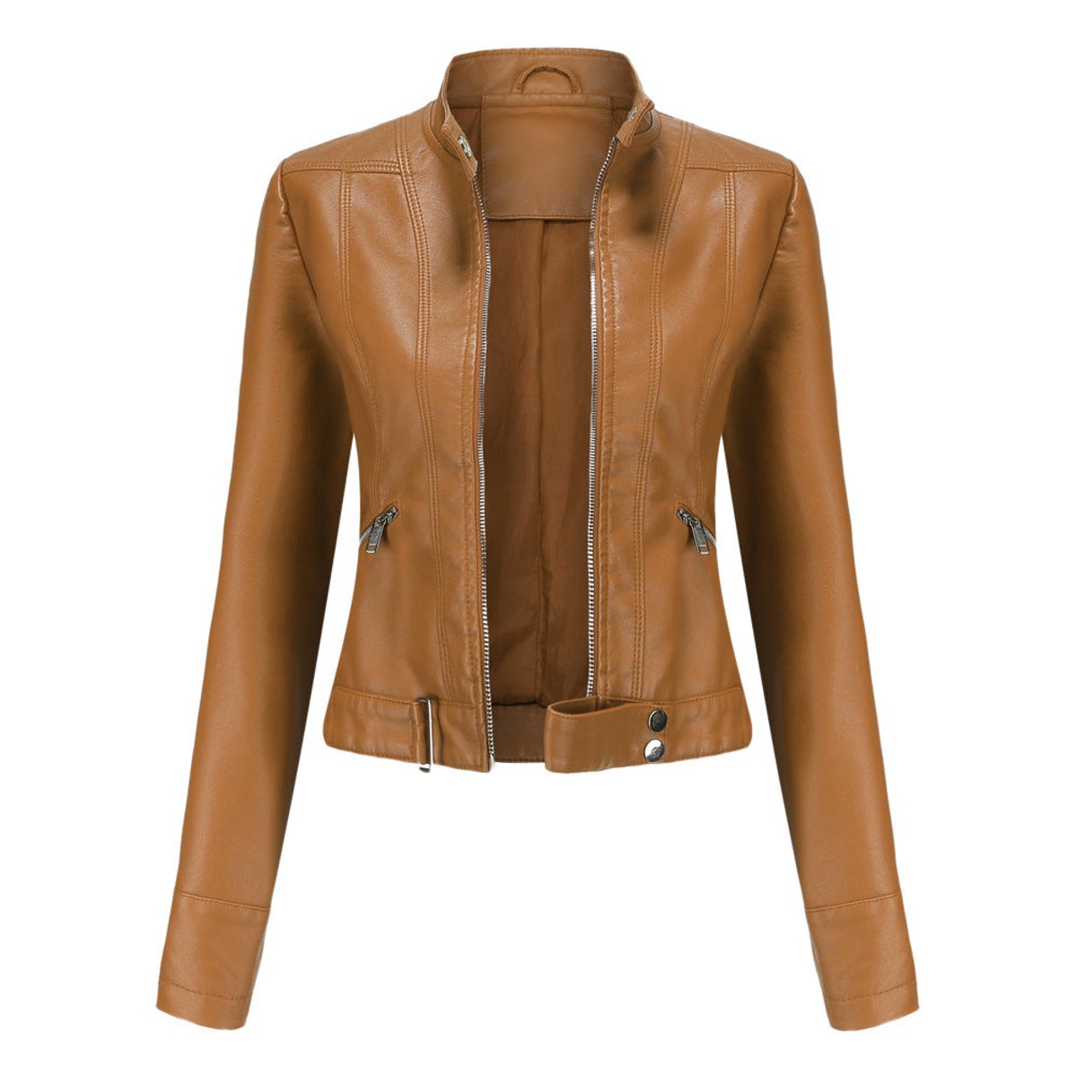 Women's Slim-Fit Faux Leather Jacket Stand Collar Moto Biker - Light Brown