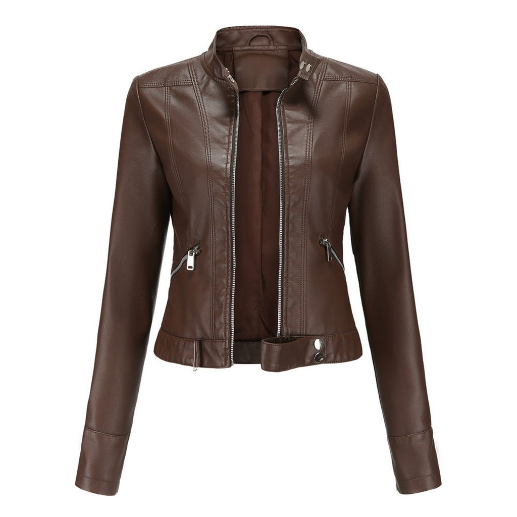 Women's Slim-Fit Faux Leather Jacket Stand Collar Moto Biker - Brown