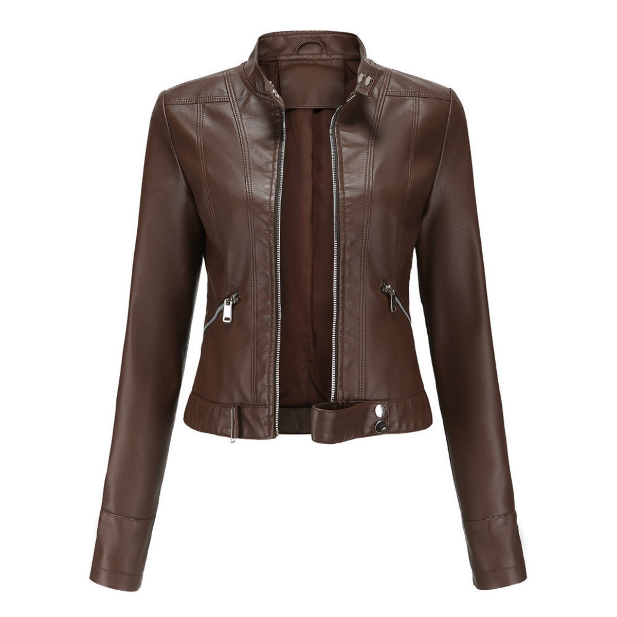 Women's Slim-Fit Faux Leather Jacket Stand Collar Moto Biker - Brown