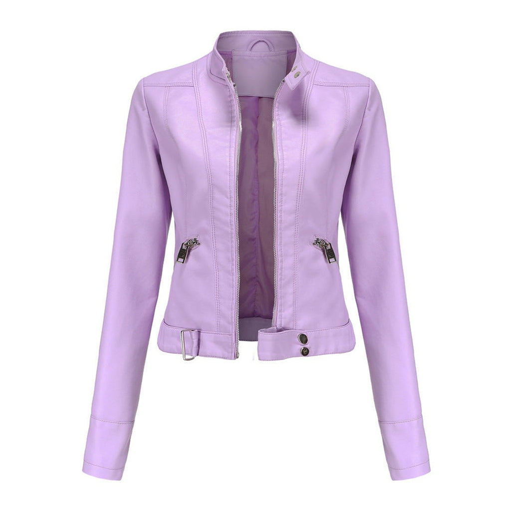 Women's Slim-Fit Faux Leather Jacket Stand Collar Moto Biker - Lilac