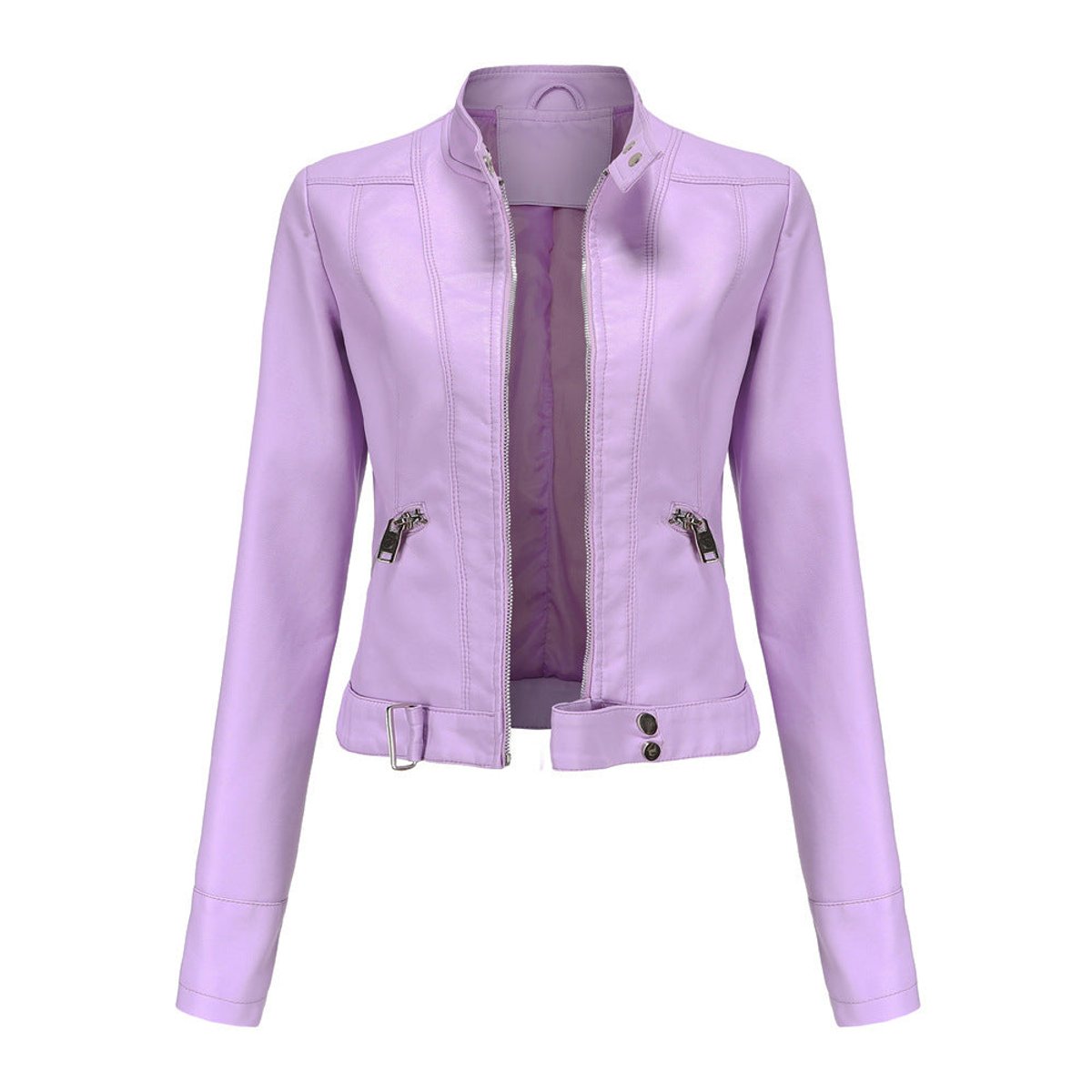 Women's Slim-Fit Faux Leather Jacket Stand Collar Moto Biker - Lilac