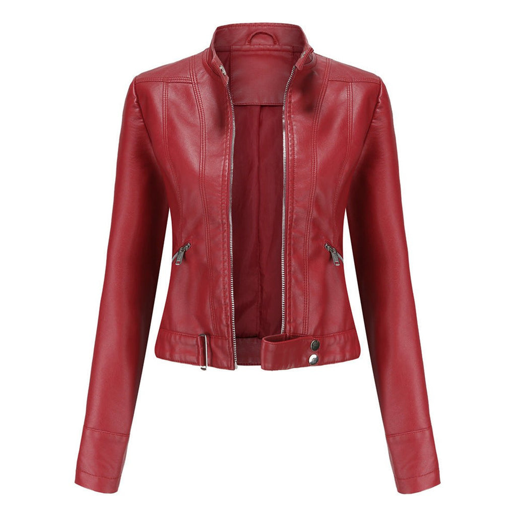 Women's Slim-Fit Faux Leather Jacket Stand Collar Moto Biker - Red