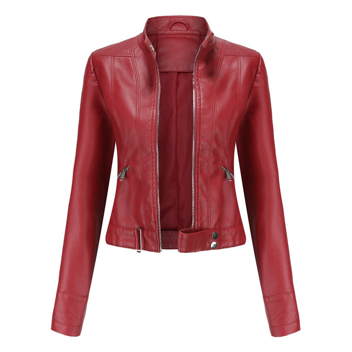 Women's Slim-Fit Faux Leather Jacket Stand Collar Moto Biker - Red