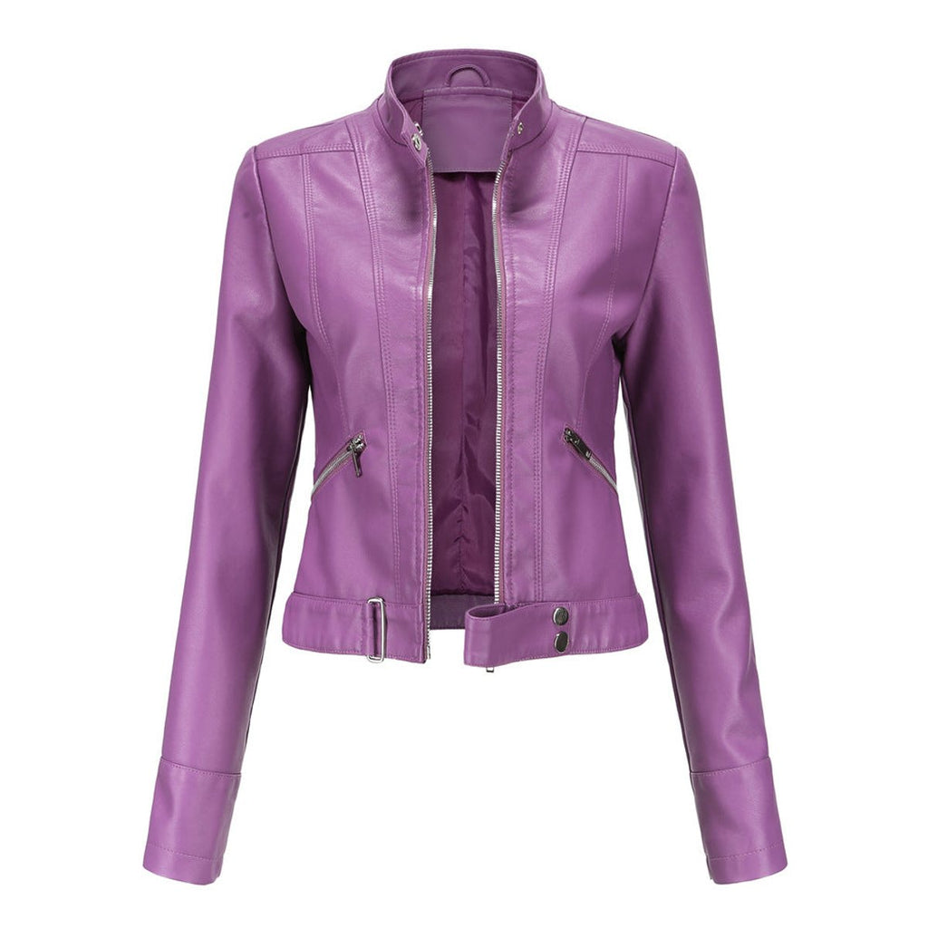 Women's Slim-Fit Faux Leather Jacket Stand Collar Moto Biker - Dark Violet