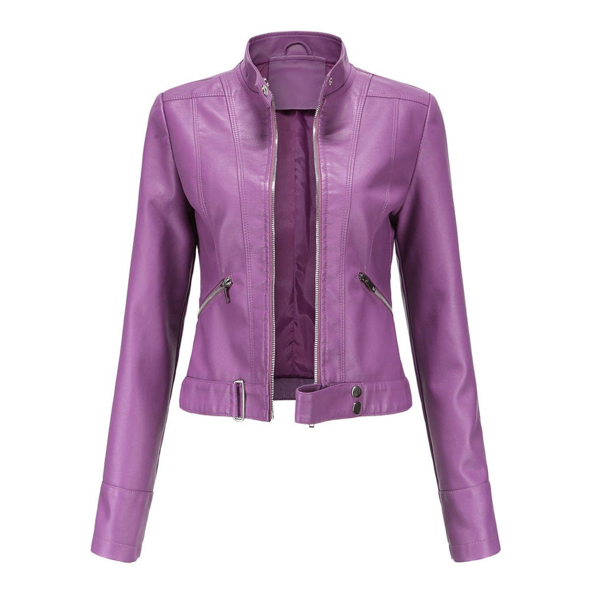 Women's Slim-Fit Faux Leather Jacket Stand Collar Moto Biker - Dark Violet