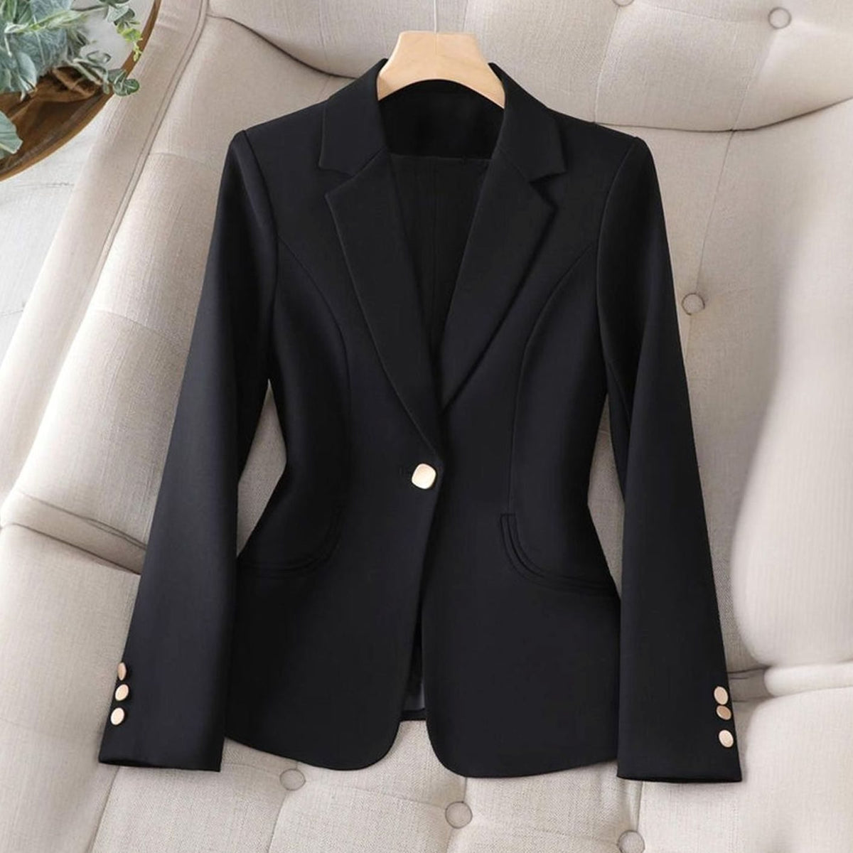 Women's Slim-Fit Lapel Single-Button Blazer - Black