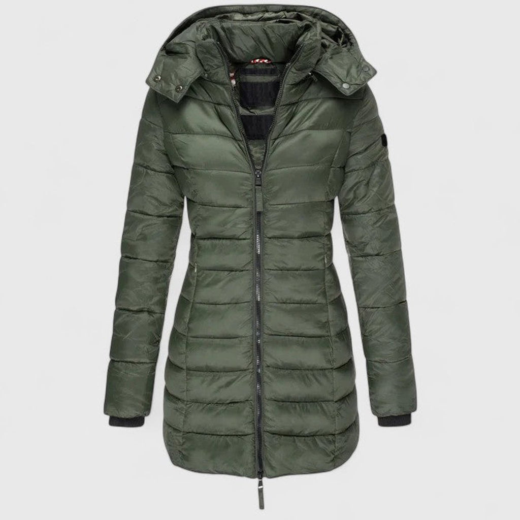 Women's Slim-Fit Quilted Puffer Coat Detachable Hood - Army Green