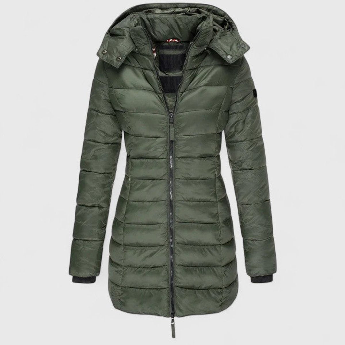 Women's Slim-Fit Quilted Puffer Coat Detachable Hood - Army Green