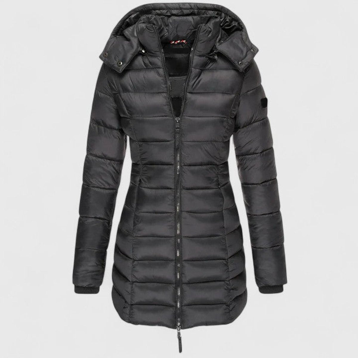 Women's Slim-Fit Quilted Puffer Coat Detachable Hood - Black