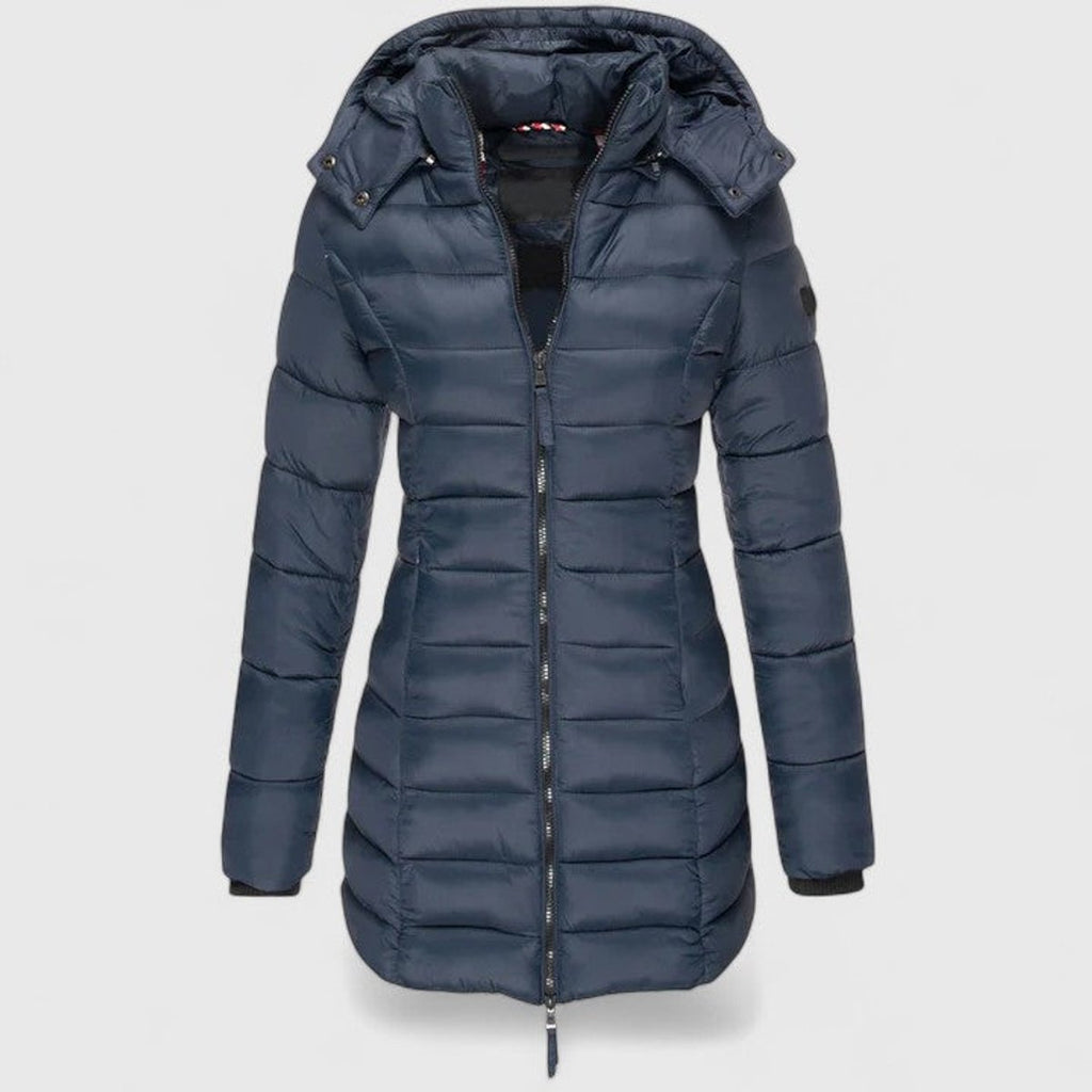 Women's Slim-Fit Quilted Puffer Coat Detachable Hood - Navy Blue