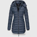 Women's Slim-Fit Quilted Puffer Coat Detachable Hood - Navy Blue