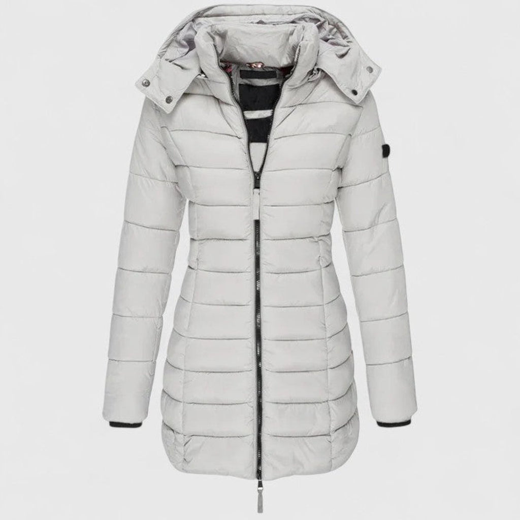 Women's Slim-Fit Quilted Puffer Coat Detachable Hood - Light Gray