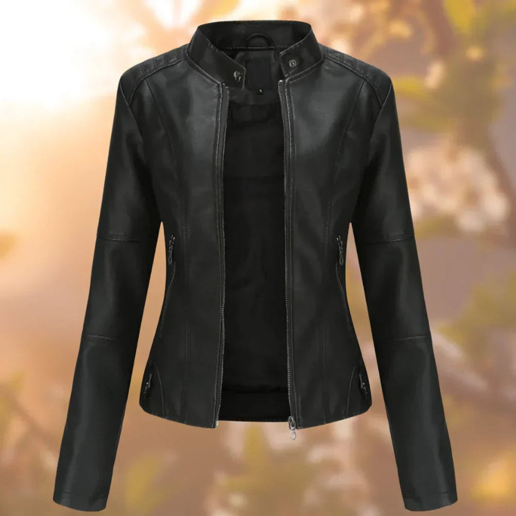 Women's Slim-Fit Stand-Collar Faux Leather Jacket - Black