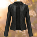 Women's Slim-Fit Stand-Collar Faux Leather Jacket - Black