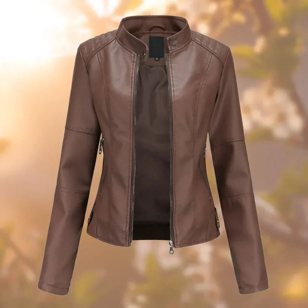 Women's Slim-Fit Stand-Collar Faux Leather Jacket - Dark Brown