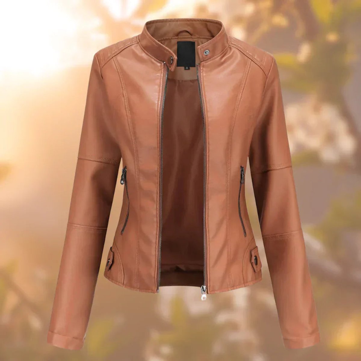 Women's Slim-Fit Stand-Collar Faux Leather Jacket - Brown