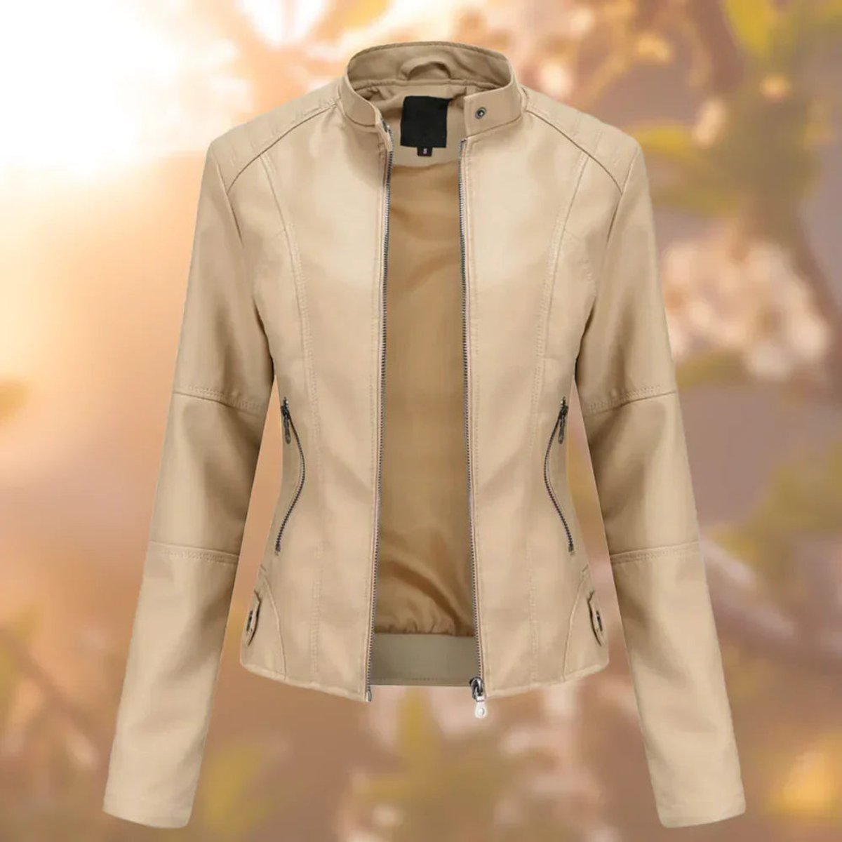 Women's Slim-Fit Stand-Collar Faux Leather Jacket - Beige
