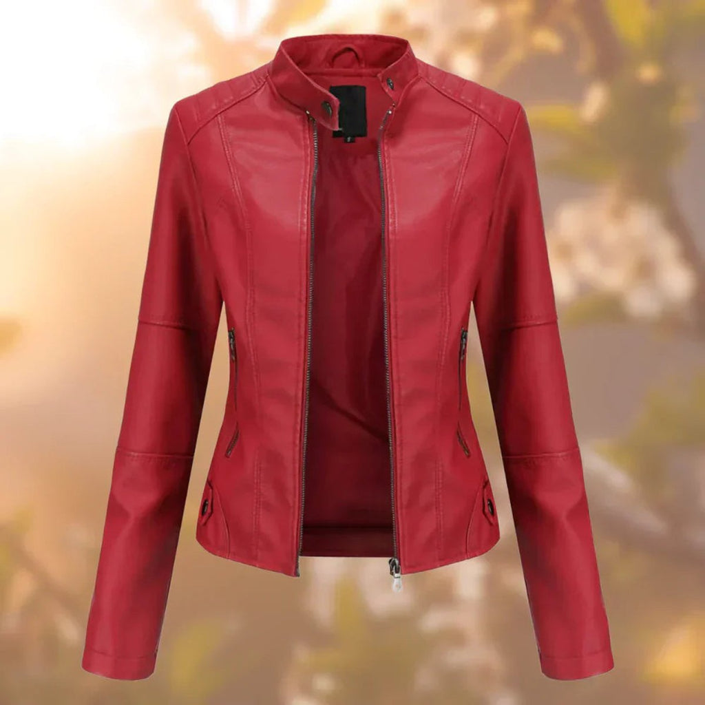 Women's Slim-Fit Stand-Collar Faux Leather Jacket - Red