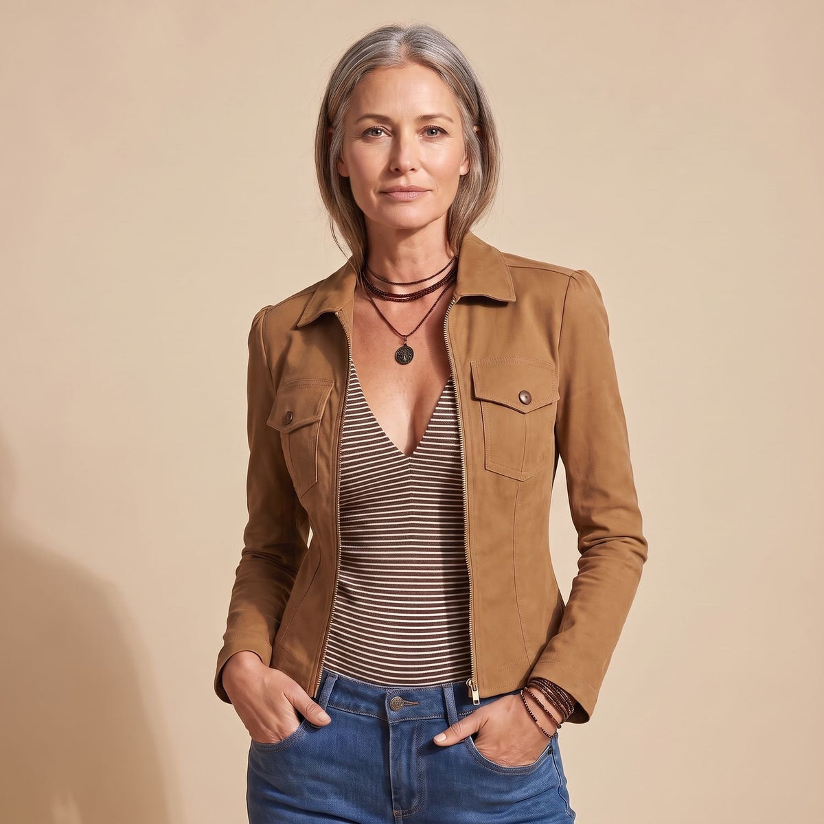 Women's Slim-Fit Zip-Front Utility Jacket Camel Brown - Brown