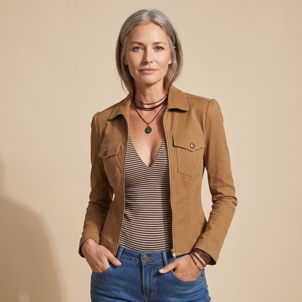 Women's Slim-Fit Zip-Front Utility Jacket Camel Brown
