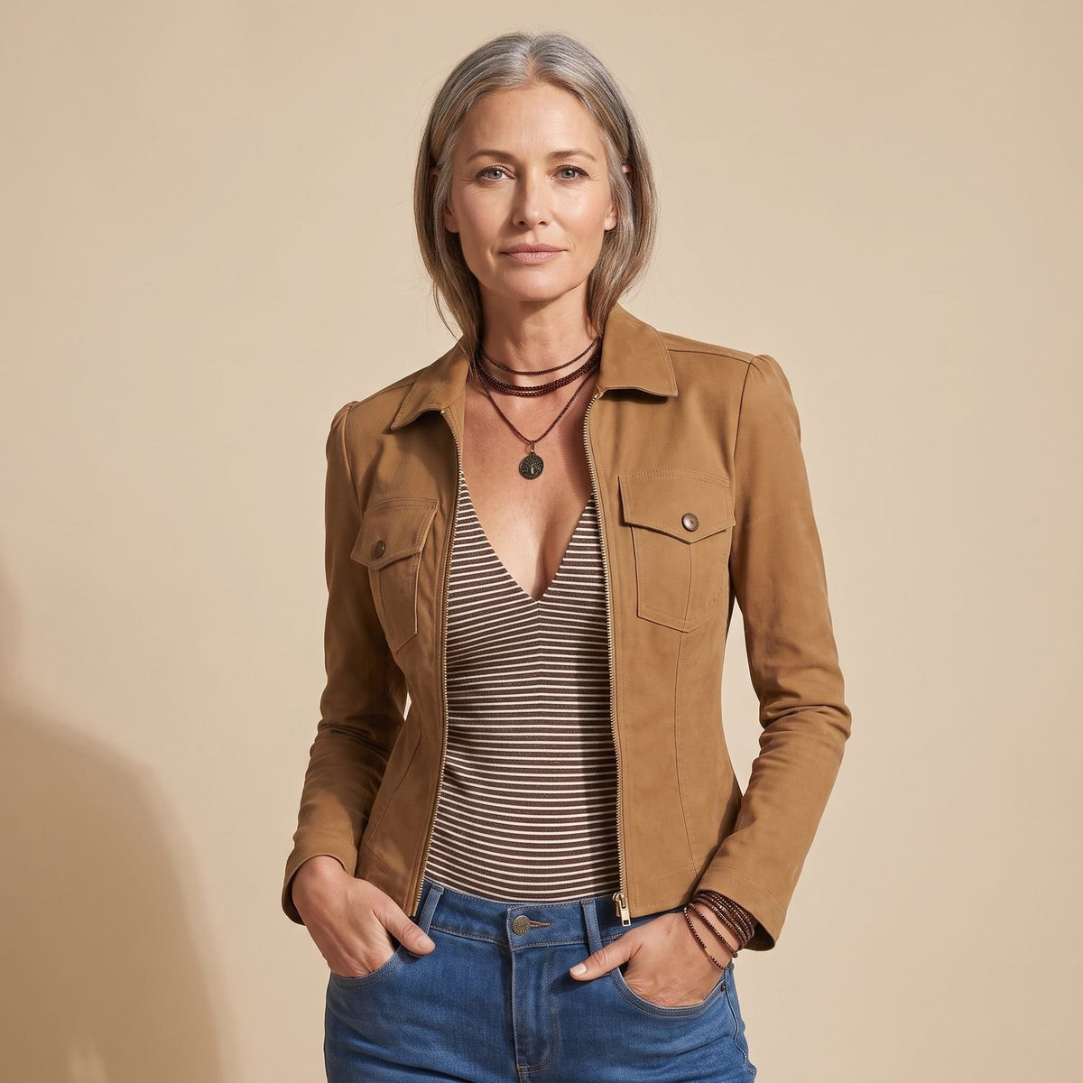 Women's Slim-Fit Zip-Front Utility Jacket Camel Brown