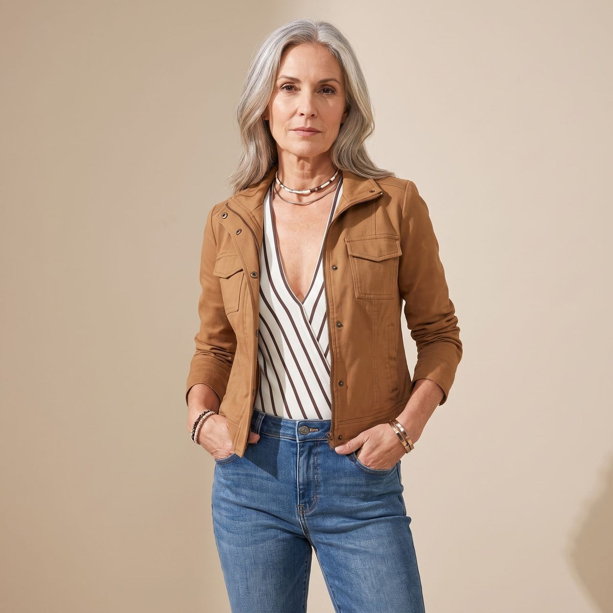 Women's Slim-Fit Zip-Front Utility Jacket Camel Brown